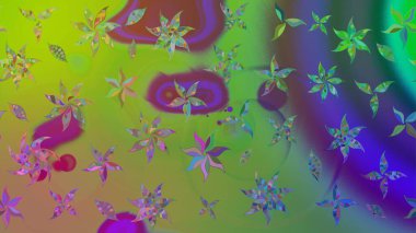 Yumuşak, yeşil renkli bahar çiçekleri. Raster illüstrasyonu. Yaprak ve çiçeklerin suluboya resmi, yeşil renkte çizim deseni.