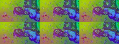 Raster illüstrasyonu. Raster illüstrasyonu. Şirin karalamalı çiçek desenli çizim. El yapımı çiçek ve bitki koleksiyonu. Çizim biçimi yeşil renklerde.