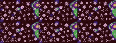 Renkli Bahar Teması eskiz kalıbı. Sevimli çiçek raster deseni. Düz Çiçek Elementleri Tasarımı. Kahverengi renkte çiçekler.