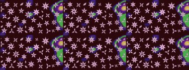 Renkli Bahar Teması eskiz kalıbı. Sevimli çiçek raster deseni. Düz Çiçek Elementleri Tasarımı. Kahverengi renkte çiçekler.