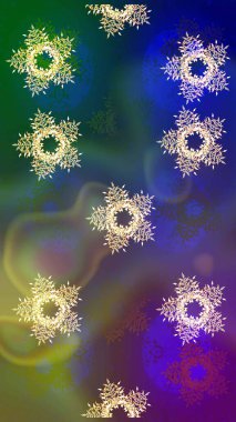 Güzel soyut kar taneleri raster tasarımı. Düz kar karalama ikonları, kar taneleri silueti mavi, yeşil ve menekşe renkleri noel afişi, kartlar. Yeni yıl kar tanesi.