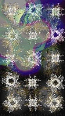 Kar taneleri, kar yağışı. Güzel raster grisi, nötr ve yeşil kar taneleri renkli bir arka planda izole edilmiş. İllüzyon. Düşen Noel stilize kar taneleri.