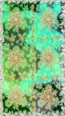 Raster altın çiçek süsü brokar kumaş ve cam desenli. Çiçek desenli altın metal. Kusursuz altın desen. Altın elementli yeşil renkler.