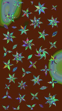 Düz Çiçek Elementleri Tasarımı. Renkli Bahar Teması eskiz kalıbı. Raster illüstrasyonu. Kahverengi renkte zarif çiçekler ve suluboya..