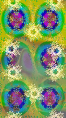 Kışın sembolü, mutlu noeller, mutlu yeni yıl kutlaması Raster illüstrasyonu. Yeşil, sarı ve mavi renklerde şirin kar taneleri. Soyut duvar kâğıdı, ambalaj dekorasyonu. Kar tanesi kadar basit..