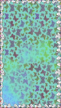 Mavinin üzerindeki kusursuz kelebek şablonu. Uçan kelebek keten temalı Raster çizimi. Davetiye, kart ve parmak izi için basit kadınsı bir model. Giysiler için böcek kumaşı klipsleri tekrarlanıyor.