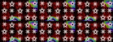 Kar tanelerinin soyut arkaplanlı Noel şablonu. Siyah, kahverengi ve kırmızı renkler. Noel ve yeni yıl moda baskıları için tatil tasarımı. Raster illüstrasyonu.