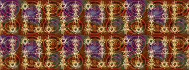 Halk tarzı. Parlak renkli çiçekleri ve kahverengi, yeşil ve kırmızı renkte yaprakları olan harika bir çiçek deseni. Moda baskıları için zarif bir şablon. Modern çiçek arkaplanı.