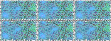 Kart, baskı ve davetiye için basit şirin bir desen. Giysi tasarımı için mavi arka planda geleneksel Raster halk çiçekleri dekoru. Nakış trendi. Egzotik kelebeklerle süslenmiş çiçeksiz desen..