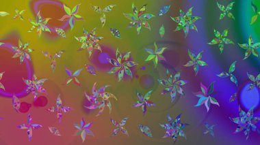 Yeşil renkli bitkilerden oluşan parlak çiçekli çizim deseni.