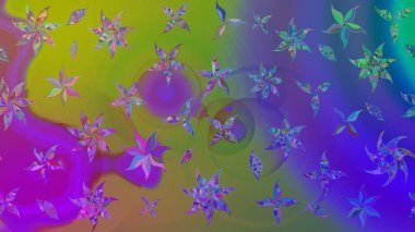 Halk tarzı. Modern çiçek arkaplanı. Parlak renkli çiçekleri ve mor renkli yaprakları olan harika bir çiçek deseni. Moda baskıları için zarif bir şablon.