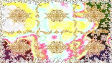 Raster altın tekstil baskısı. Çiçek kiremitleri. Kusursuz desenli oryantal süs. Altın elementlerle nötr renklerde altın desen. İslam tasarımı.