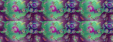 Yaprak ve çiçeklerin suluboya boyası, yeşil, mor ve mavi renklerde pürüzsüz desen. Yumuşak, bahar çiçekleri yeşil, mor ve mavi renklerde. Raster illüstrasyonu.