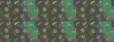 Gri, yeşil ve mavi renkte manzaralı çiçek deseni. Çiçek kompozisyonu, el boyası, hassas şablon. Üst manzara, yumuşak stil. Sevgililer günü ve tebrik kartı konsepti için şık bir davet.