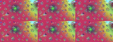 Çok renkli zarif küçük çiçekler ve pembe renkli komik böcekler, raster desen, illüstrasyon.