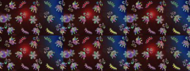 Patlayan çiçekler soyut olarak yerleştirilmiş. Raster deseni. Kahverengi, mavi ve gri renklerde bahar çiçekleri. Raster illüstrasyonu.