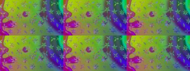 Çok yeşil zarif küçük çiçekler ve yeşil renkli komik böcekler, raster desen, illüstrasyon.