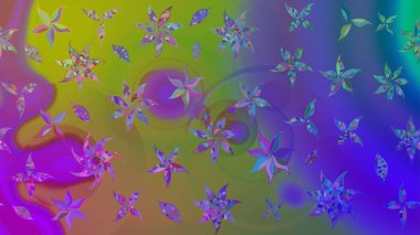 Modern çiçek arkaplanı. Halk tarzı. Parlak renkli çiçekleri ve mor renkli yaprakları olan harika bir çiçek deseni. Moda baskıları için zarif bir şablon.