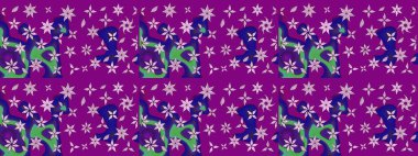 Raster illüstrasyonu. Şirin çiçekli eskiz deseni ve mor renkli yapraklar, suluboya çiçek deseni, duvar kağıdı, kart veya kumaş için fayanslı.