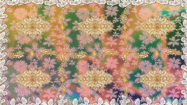 El yapımı dekoratif çerçeve, albüm kapağı, tebrik kartı, klasik Art deco tarzı. Altın karalama fantezi yapraklarından Raster soyut çiçek çelengi ve bej renkli bir çiçek.