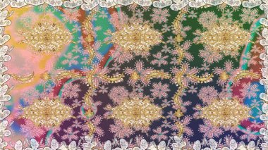 Altın çiçekli, pürüzsüz desen. Barok tarzında altın çiçekli süs. Damask arkaplanı. Tarafsız renklerdeki altın element.