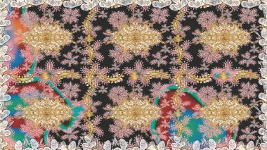 Raster illüstrasyonu. Süslü dekorasyon. Damask altın soyut çiçek gri renklerde pürüzsüz desen.