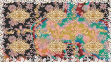 Hassas altın deseni açın. Bej renklerde, altın elementlerle kusursuz desen. Parlak dantel, stilize çiçekler, şal desenli. Kusursuz altın desenli bukleler. Raster sanatı. Doğu tarzı arabesk