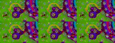 Yeşil arka planda. Çocuksu tasarım. Tekstil, kumaş, ambalaj, hatıra defteri için hoş bir çiçek arkaplanı. Elle çizilmiş karalama çiçekleri ile Raster çizim deseni.