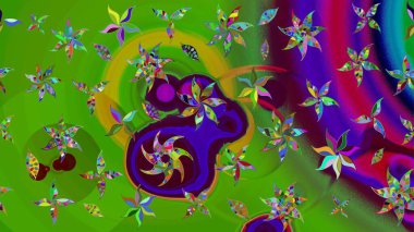 Yeşil renkli çiçekler. Hediye ambalaj kağıdı, tebrik kartları, posterler ve pankart tasarımı. Raster düz çiçek çizim deseni.