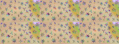 Çok renkli, zarif küçük çiçekler ve bej renkli komik böcekler, raster desen, illüstrasyon..