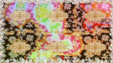 Kına dövmeli süs çiçekleri, altın çıkartmalar, mehndi ve yoga tasarımı, kartlar ve parmak izleri. Raster Golden Mehndi kusursuz desen. Tarafsız renklerde desen.