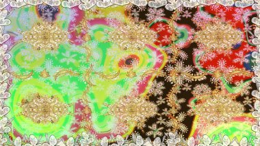 Raster altın tekstil baskısı. İslam tasarımı. Altın elementlerle nötr renklerde altın desen. Çiçek kiremitleri. Kusursuz desenli oryantal süs.