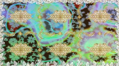 Hassas altın deseni açın. Kusursuz altın desenli bukleler. Raster. Parlak dantel, stilize çiçekler, şal desenli. Doğu tarzı arabesk. Tarafsız renklerde altın elementlerle kusursuz desen.