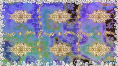 Raster altın pürüzsüz desen. Mor renklerdeki altın desenli altın elementler. Arkaplan, kumaş, altın duvar kağıdı. Düz elle çizilmiş vintage koleksiyonu.