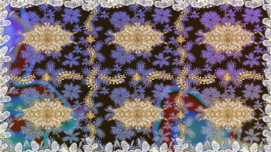 Çiçekli süslemeli, pürüzsüz bir desen. Süslü dantel iz sürücü. Kahverengi renkli geleneksel Arap dekoru. Doğu tarzında klasik tasarım öğesi. Duvar kağıdı için altın süslü illüstrasyon.