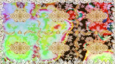 Damask arkaplanı. Tarafsız renklerde altın element. Altın çiçekli, pürüzsüz desen. Barok tarzında altın çiçekli süs..