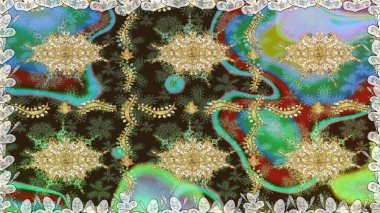 Altın elementlerle yeşil renklerde altın desen. Raster oryantal süs. Kusursuz altın desen.