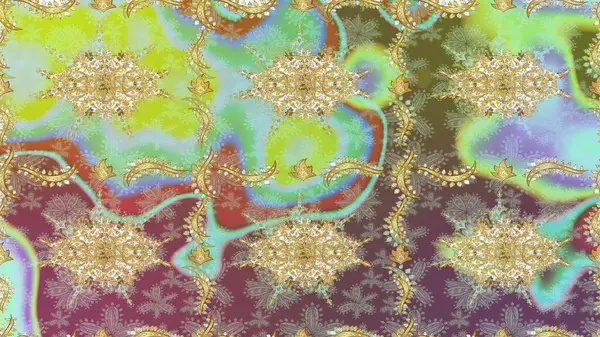 Raster illüstrasyonu. Geleneksel oryantasyon süsü. Tarafsız renklerde, altın elementlerle kusursuz desen. Kusursuz klasik raster altın desenli. Klasik vintage arkaplan.