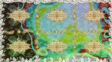 Altın elementlerle yeşil renklerde altın desen. Raster geleneksel oryantasyon süsü. Kusursuz klasik altın desen.