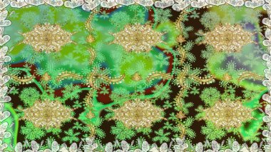 Geleneksel raster ve altın desen. Damask pürüzsüz süsü. Yeşil renkler üzerinde klasik oryantal desen.