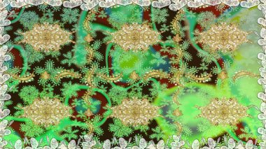 Altın elementlerle yeşil renklerde altın desen. Düz elle çizilmiş klasik koleksiyon. Raster altın pürüzsüz desen. Arkaplan, kumaş, altın duvar kağıdı.