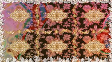 Kahverengi renklerde altın element. Çizgi sanatı tasarım şablonu için kusursuz sınır. Altın desenli çiçek dekoru. Davetiyeler, kartlar, web sayfası için Raster illüstrasyon. Doğu tarzı ögesi.