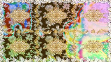 Altın antika ortaçağ dekoratifi, yapraklar ve tarafsız renklerde altın desenli süslemeleri olan dikişsiz bir şablon. Kusursuz kraliyet lüksü, altın barok kumaş rengi..