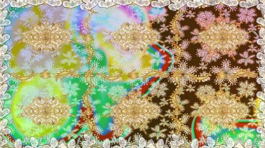 Tarafsız renklerde, altın elementlerle kusursuz desen. Raster. Hassas altın deseni açın. Parlak dantel, stilize çiçekler, şal desenli. Doğu tarzı arabesk. Kusursuz altın dokular bukleler.