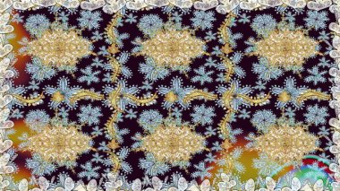 Çiçek kiremitleri. İslam tasarımı. Kusursuz desenli oryantal süs. Altın elementlerle nötr renklerde altın desen. Raster altın tekstil baskısı.