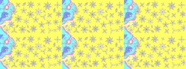 Sarı renkli bitkilerden oluşan parlak çiçekli çizim deseni.