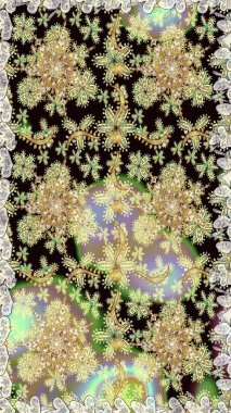 Raster soyut çiçek çelengi altın karalama fantezi yaprakları ve tarafsız renklerde çiçek. El yapımı dekoratif çerçeve, albüm kapağı, tebrik kartı, klasik Art deco tarzı.