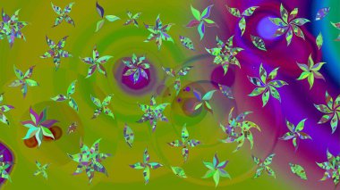 Raster düz çiçek çizim deseni. Hediye ambalaj kağıdı, tebrik kartları, posterler ve pankart tasarımı. Yeşil renkte çiçekler.