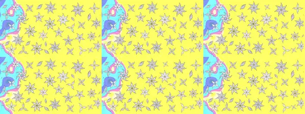 Sarı renkli bitkilerden oluşan parlak çiçekli çizim deseni.