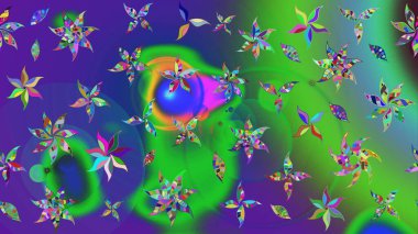 Yeşil renkli bitkilerden oluşan parlak çiçekli çizim deseni.